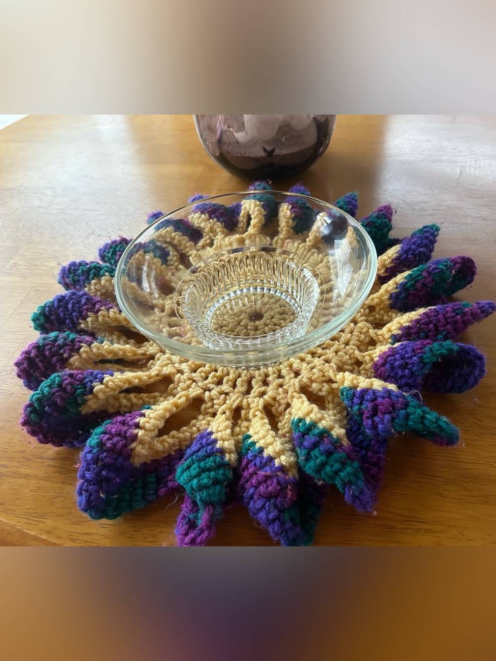 Handmade Yellow and Purple Crochet Sunburst Doily with Glass Bowl